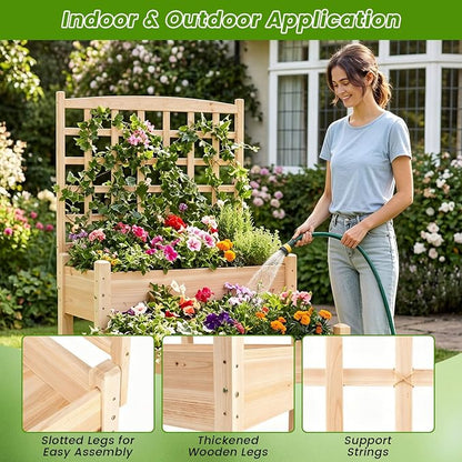 Giantex Raised Garden Bed with Trellis, 2-Tier Elevated Planter Box for Climbing Plants, Flowers, Vegetables, Herbs, Outdoor Wooden Vertical Garden Bed with Drainage Holes, for Patio Backyard Balcony
