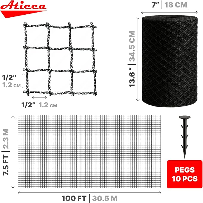 ATICCA Heavy Duty Bird Netting for Garden Protection & Fruit Trees, 7.5x100 Ft with 10 Stakes – Black Anti-Bird Net for Poultry, Deer, & Squirrel Protection, Durable Mesh for Garden and Yard Use
