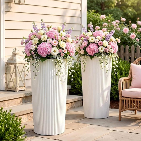 24" Tall Planters for Outdoor Plants with Insert, Set of 2 White | Large Outdoor Planters for Front Porch Decor with Drainage Hole, Plastic Striped Flower Pots Fits Indoor Plants Patio Garden