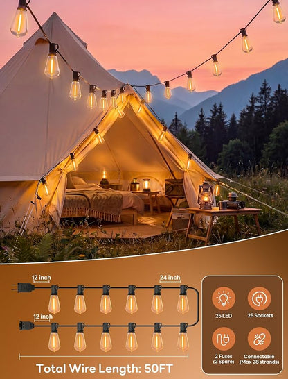 LED Outdoor String Lights 50FT Edison Lights with 27 ST38 Shatterproof Bulbs, Outside Hanging Lights Waterproof for Patio, Porch, Deck, Garden, Balcony, 2700K Warm White, Dimmable