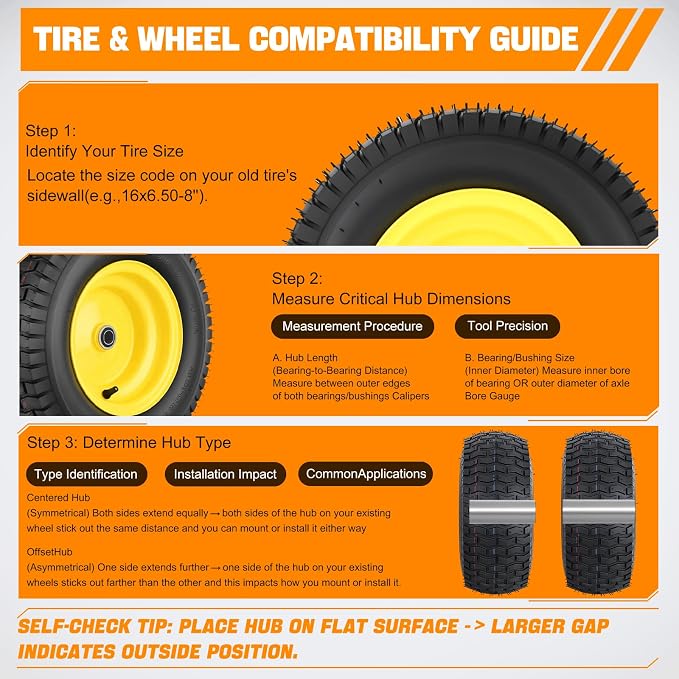 Yesker 16x6.50-8 Pneumatic Lawn Mower Tire and Wheel with 3/4" Bearing Bore, 16x6.50-8nhs Rubber Riding Lawnmower Tires with 3" Center Hub, 2 Pack