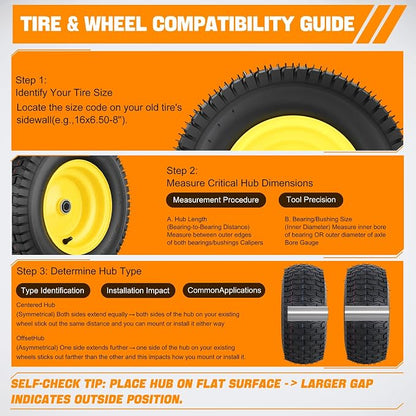 Yesker 16x6.50-8 Pneumatic Lawn Mower Tire and Wheel with 3/4" Bearing Bore, 16x6.50-8nhs Rubber Riding Lawnmower Tires with 3" Center Hub, 2 Pack