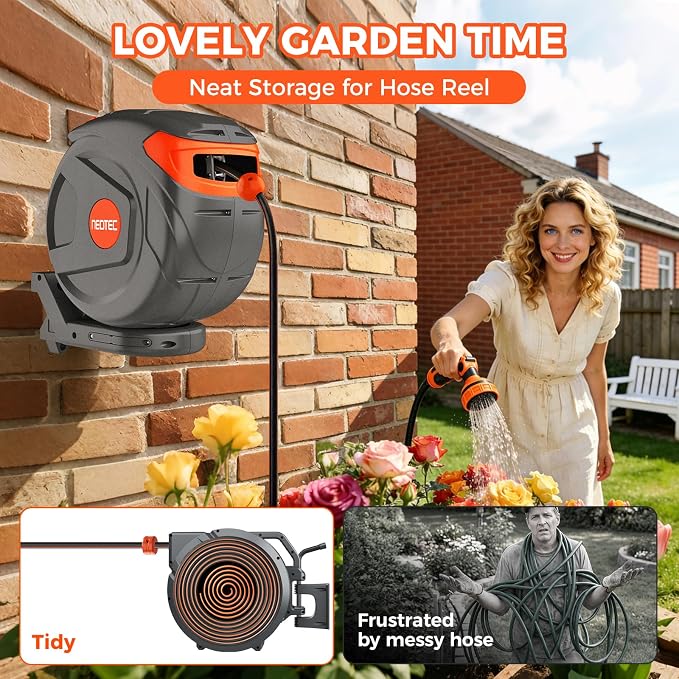 Upgraded Retractable Garden Hose Reel 1/2" x 82 ft 9 Pattern Nozzle Any Length Lock Wall-Mounted Automatic Slow Return 180° Swivel UV Resistant Heavy Duty Hose Reels for Outside