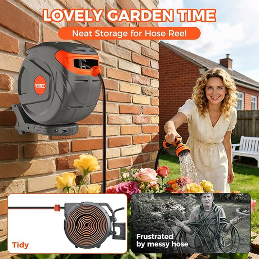 Upgraded Retractable Garden Hose Reel 1/2" x 82 ft 9 Pattern Nozzle Any Length Lock Wall-Mounted Automatic Slow Return 180° Swivel UV Resistant Heavy Duty Hose Reels for Outside