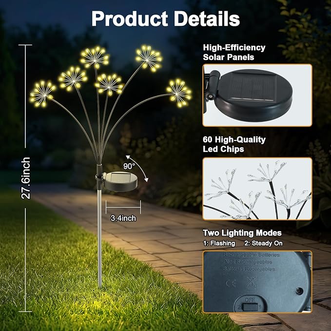 Solar Garden Lights Outdoor, Upgraded Solar Swaying Starburst Light Waterproof with 2 Modes, Solar Fairy Firework Lights for Yard Patio Pathway Flowerbed Balcony Garden Decoration (Warm White, 4 Pack)