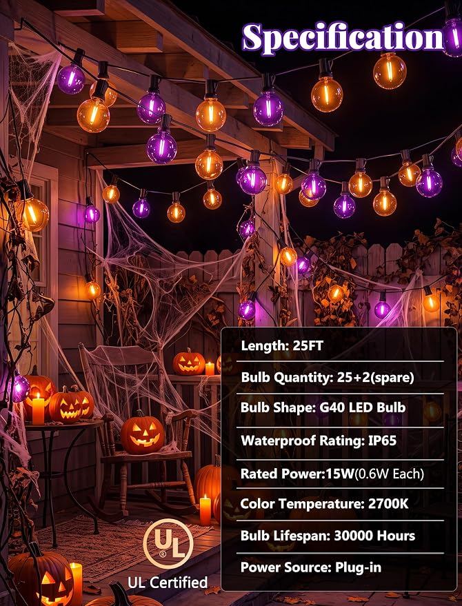 25 LED Outdoor String Lights, 25Ft Halloween Decoration Lights | Shatterproof Orange Purple G40 Bulbs, Connectable, Plug in, UL Certified, Hanging Halloween Lights for Home Decor Patio