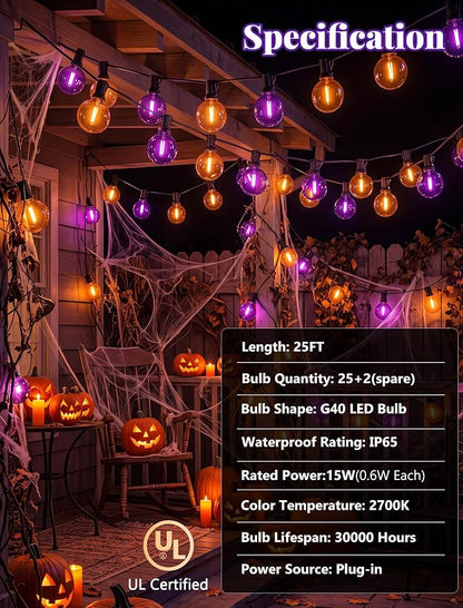 25 LED Outdoor String Lights, 25Ft Halloween Decoration Lights | Shatterproof Orange Purple G40 Bulbs, Connectable, Plug in, UL Certified, Hanging Halloween Lights for Home Decor Patio