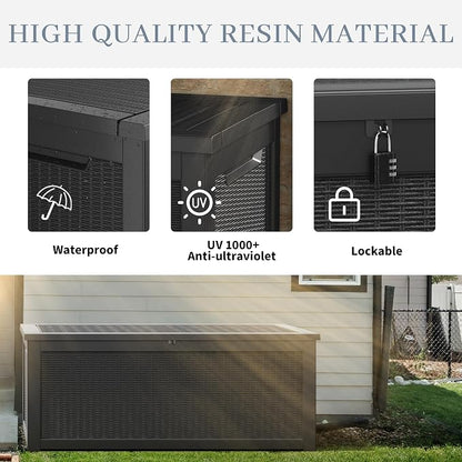 NUNU LAB 300 Gallon Outdoor Storage Box,Resin Large Sturdy Deck Box, Backyard Outside Storage Box Waterproof with Double Wall Panels,Package Delivery Garden Outdoor Hose Bin