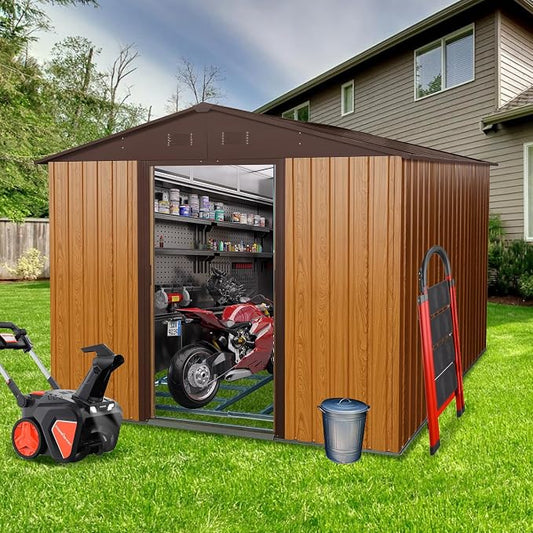 YOPTO 10×8 FT Outdoor Metal Storage Shed with Floor Base,Heavy Duty Garden Shed W/Integrated Punched Vents and Sliding Doors & Padlock,Large Waterproof Storage House for Backyard,Lawn,Coffee