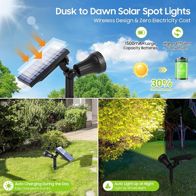 800 Lumens Solar Powered Spot Lights Outdoor - Adjustable Solar Flood Lights with 30 LEDs, 3 Modes, IP65 Waterproof, Solar Light for Landscape, Yard, Garden, Driveway, Tree, Wall(Warm White, 12-Pack)