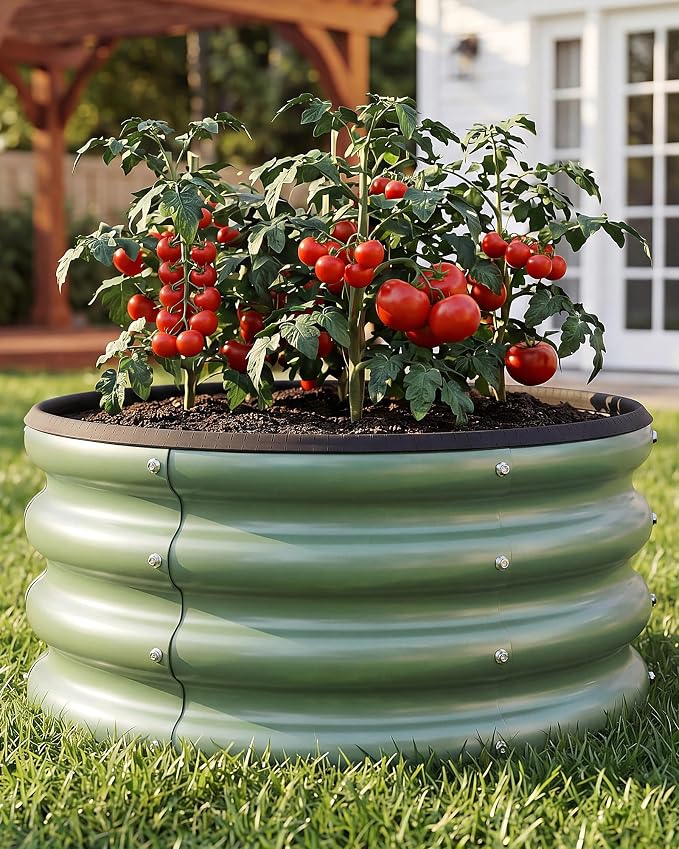 2 x 2 x 1 ft Round Raised Garden Bed, Green 2 Pack 12 in Deep Galvanized Steel Planter Box with Safety Edge Trim for Vegetables Flowers Herbs Backyard Patio Outdoor Garden