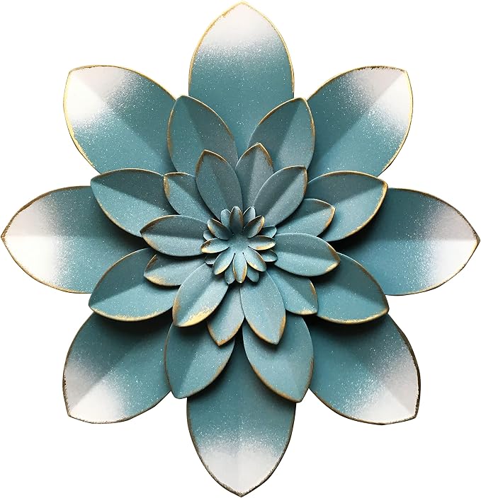 Metal Flower Wall Art Decor, 9.5" Blue Rustic Modern Floral Sculpture | Gradual Distressed Hanging Home Decoration Accent Artworks, Indoor Bedroom Living Room Office, Outdoor Garden Patio