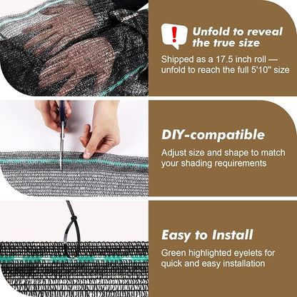 Artpuch 50% Black Garden Shade Cloth Roll for Plants, Sun Shade Cover Fabric Roll with UV Block Shades Netting Mesh Privacy Fence Screen for Greenhouse, Backyard, Patio, 5'10" x 100 FT