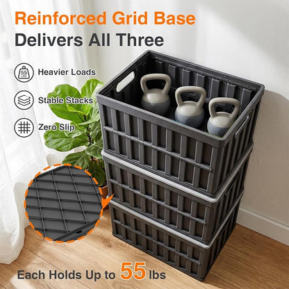 Citylife 64L Collapsible Storage Bins with Lids Plastic Storage Containers for Organizing Stackable Storage Box Large Heavy Duty Utility Crates, 4 Packs