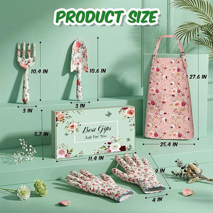 Gardening Gifts for Women, Garden Tools for Mom Grandma | Gardening Tools with Hand Fork Trowel Gloves Apron, Floral Print Birthday Pink Gifts for Plant Lovers Wife, Retirement Gifts