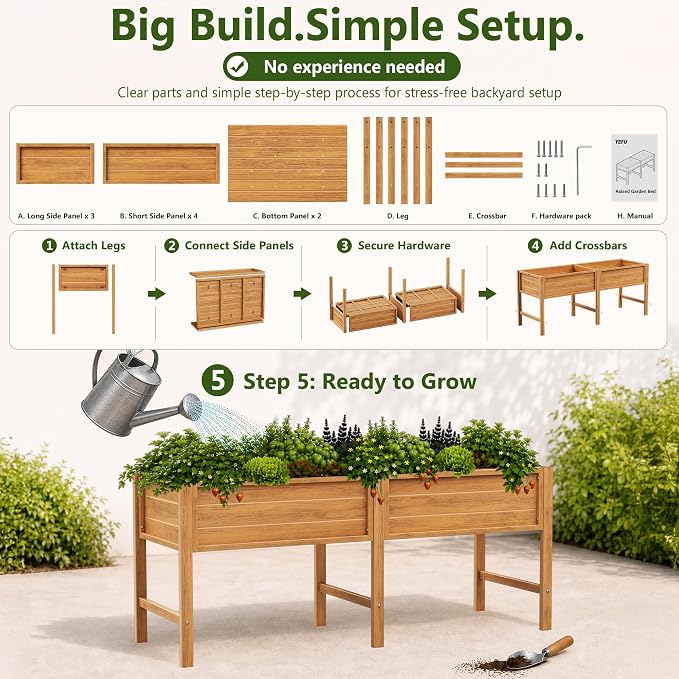 YEFU 72" Large Raised Garden Bed, Wood-Look HIPS 6ft Extra Large Bed, Teak | Extra Large Garden Bed for Backyard Growing, 6ft Design, Wood-Look HIPS, Drainage, 770 lbs High Capacity Support