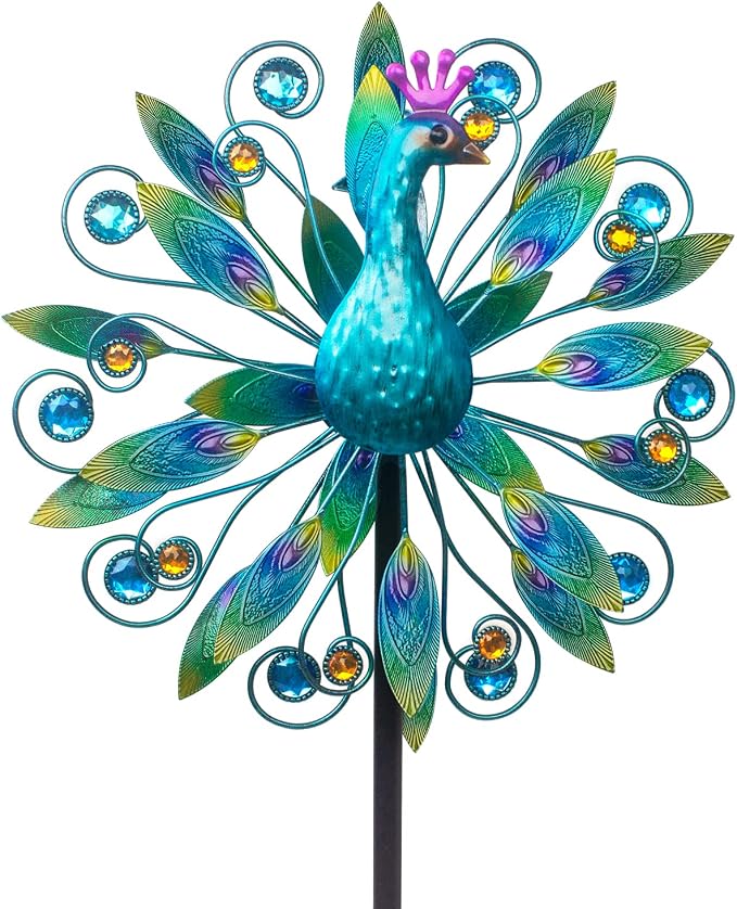 Stargarden 58 Inch Peacock Wind Spinner-Double Wind Sculpture | Metal Windmill for Garden Patio Yard Decor