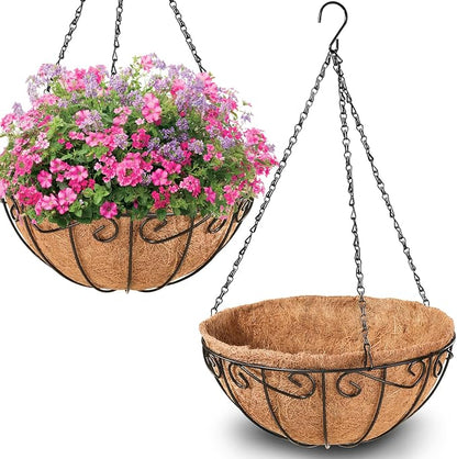Legigo 2 Pack 14 Inch Metal Hanging Baskets for Plants Outdoor- Wire Round Hanging Planters Basket with Coconut Coir Liner, Hanging Flower Pot for Outdoor Plants Flowers Garden Decorations