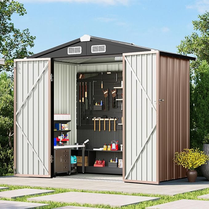 6x4FT Outdoor Storage Shed Brown | Metal Garden Tool Shed with Sloping Roof & Lockable Door for Garden, Patio, Backyard