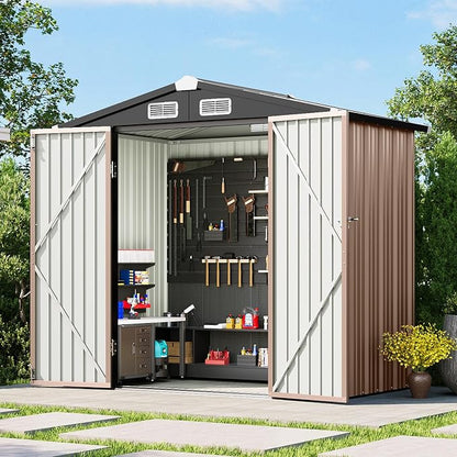 6x4FT Outdoor Storage Shed Brown | Metal Garden Tool Shed with Sloping Roof & Lockable Door for Garden, Patio, Backyard