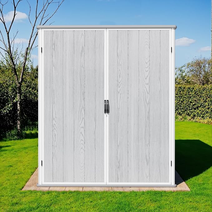 Greesum 5X3FT Plastic Storage Shed with Floor, Resin Outdoor Storaged Shed with Lockable Door, Easy Assembly All-Weather Tool Sheds for Yard, Patio, Garden, Light Gray (4.7×2.5FT)