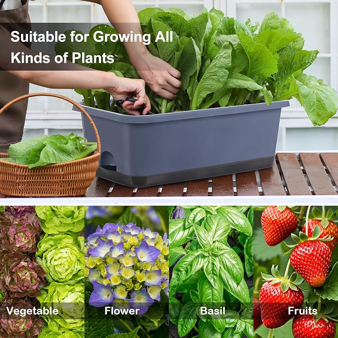 Oliz Window Box Planter 8 Pcs, 17 Inches Rectangle Flower Pots with Drainage Holes and Trays, Vegetable Planters for Windowsill Patio Garden Balcony Home Porch Yard Indoor Outdoor (Grey)