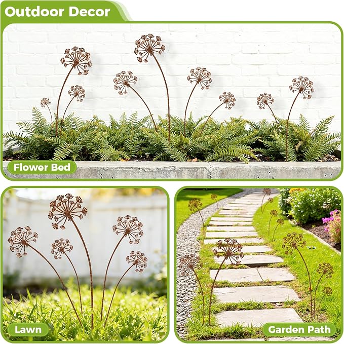 KODIBO 5-Pack Metal Yard Stakes, Rustic Dandelion Outdoor Yard Art Decor | Weather-Resistant Metal, Antique Rust Finish, Dandelion Design, For Lawn Border Planters Patio Lawn & Front Yard Landscaping