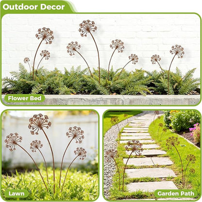 KODIBO 5-Pack Metal Yard Stakes, Rustic Dandelion Outdoor Yard Art Decor | Weather-Resistant Metal, Antique Rust Finish, Dandelion Design, For Lawn Border Planters Patio Lawn & Front Yard Landscaping
