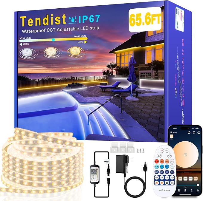 Outdoor LED Strip Lights Waterproof IP67, Dimmable 3000K-6500K Warm White LED Rope Lights Outdoor Waterproof with Remote & APP, 24v Adhesive Exterior Lighting for Patio, Deck, Gazebo (65.6FT/20M)
