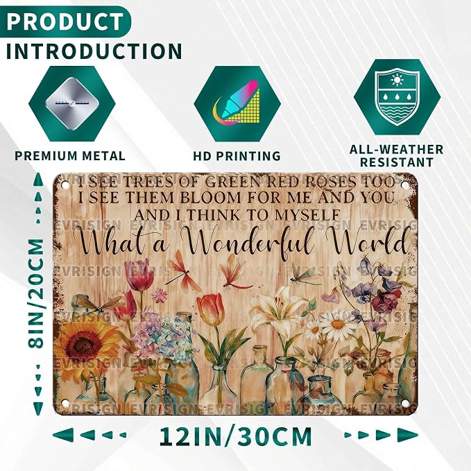 Vintage Metal Signs Garden Wall Decor What A Wonderful World Flowers Tin Sign Patio Plant Art Retro Poster Wall Decor for Yard Fence Garden Outdoor 8x12inch