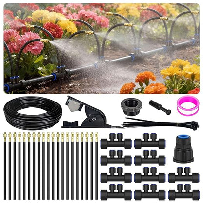 Drip Irrigation System 2 Ports - 360°Adjustable Garden Watering System 33FT with 20 Nozzles, Drip Irrigation Kit for Garden, Yard, Lawn, Greenhouse, Plants, 2/5 inch Hose