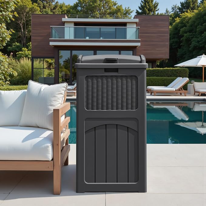 Greesum 33 Package Delivery Box for Outside, Patio Waterproof Resin Garbage Bin with Lid for Hideaway, Deck, Patio, Gray