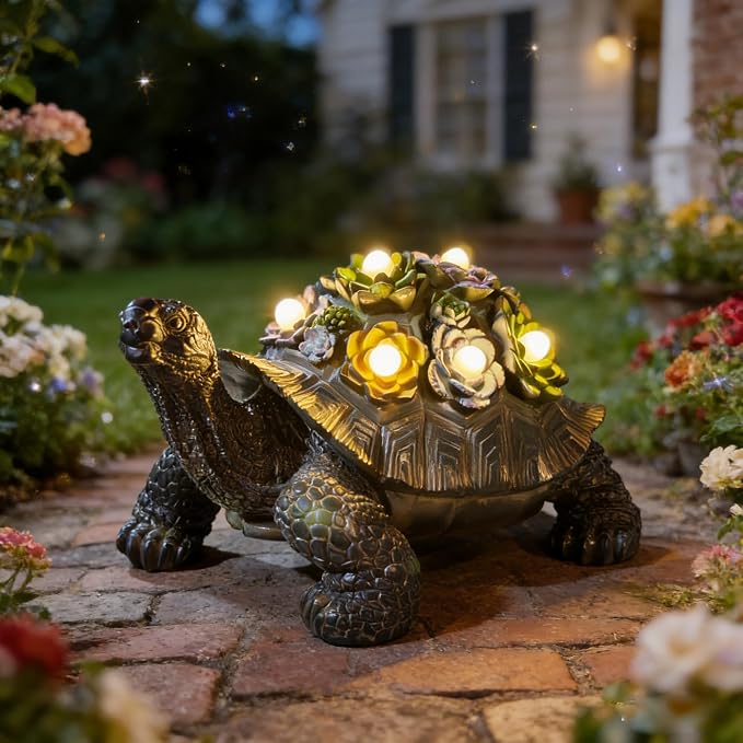 Solar Powered Succulent Turtle Statue, Resin Garden Decor with LED Lights, Waterproof Outdoor Ornament for Patio, Yard, Lawn, Porch, Unique Housewarming Gifts