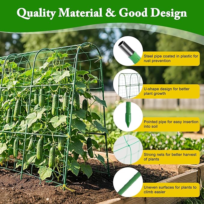 48x46 in U-Shape Cucumber Trellis for Climbing Plants Outdoors | Metal Arch Garden Trellis for Raised Garden Bed with Netting, Plant Support Structures for Vegetables, Grape, Tomato, Vines