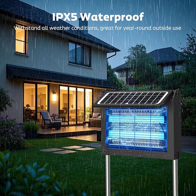 OnBeam Solar Bug Zapper Outdoor, Dual Solar Powered 4500V Mosquito Killer | IPX5 Waterproof, Solar & USB Charging, AUTO Mode, Rechargeable Fly Zapper, Electric Fly Trap for Backyard, Patio, RV Camping