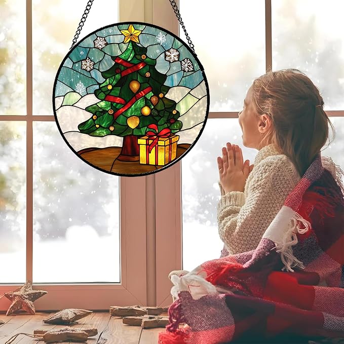DASTOLL Stained Glass Window Hanging Green Christmas Tree Snowflake Large 15" - Suncatcher Door Garden Sun Catcher Xmas Holiday Decor Birthday for Mom Men Woman Friend Nana