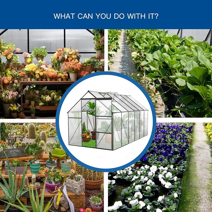 6x12 FT Greenhouse, Walk-in Polycarbonate Greenhouses with Sliding Doors, Aluminum Frame, Adjustable Roof Vent, Raised Base & Anchor, Outdoor Backyard Greenhouse for All Seasons, Black