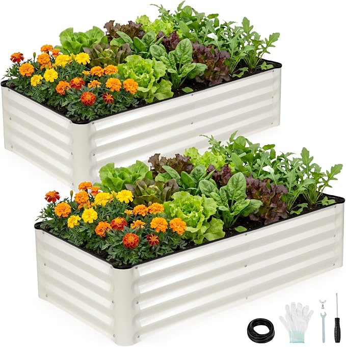 INNO STAGE Galvanized Raised Garden Bed Kits, 4x2x1ft Metal Raised Garden Beds Outdoor, Steel Raised Planter Bed with Gloves for Vegetables & Flowers Patio Ground Planter Box (White, 2PCS)