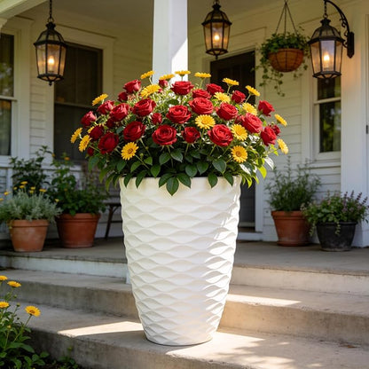 2-Pack 19" White Resin Tall Outdoor Planters with Wave Texture | High-density resin planters with Nordic wave texture, drainage holes, and weather-resistant finish for porch or patio