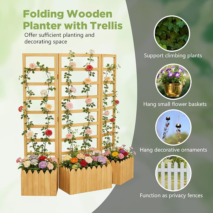 Outdoor Privacy Screen with Planter Box, 3-Panel Folding Wooden Trellis Planter, Freestanding Raised Bed for Climbing Plants, Solid Wood Divider with Drain Holes for Patio, Balcony & Backyard