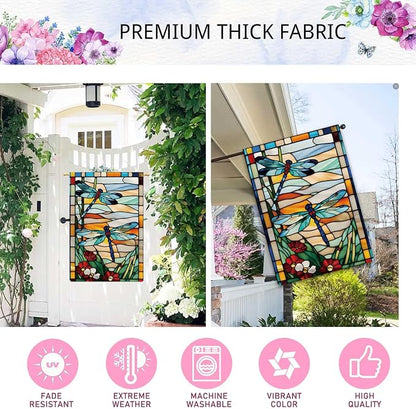 Spring Summer Dragonfly Garden Flag Glass Style Flowers Garden Flag Vertical Double Sided Rustic Farmland Burlap Yard Lawn Outdoor Decor 28x40"