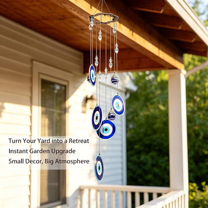 YU FENG 19 Inch Blue Evil Eye Wind Chimes for Outside Garden | Metal Hanging Windchime, Glass Bead Design, Rainbow Light Catcher, Outdoor Yard Patio Home Decoration
