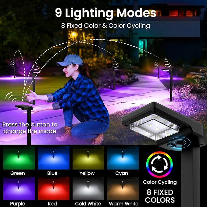 AUDERWIN Solar Pathway Lights Outdoor, Smart Color Changing with 9-in-1 (Warm White/Cool White/RGBCW) Modes,Bright Landscape Lighting Waterproof for Walkway,Garden,Driveway,Yard,Patio(6pack)
