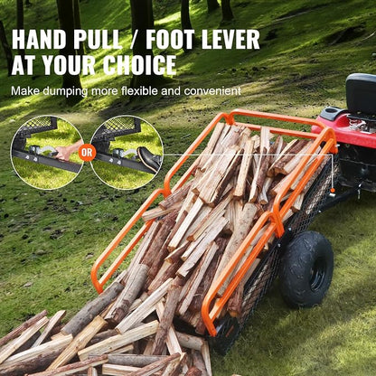 VEVOR ATV UTV Trailer Tow Behind Dump Cart | 1500lbs Capacity, 15 Cubic Feet, Heavy Duty, For Lawn Mower Tractor, Yard Garden Use
