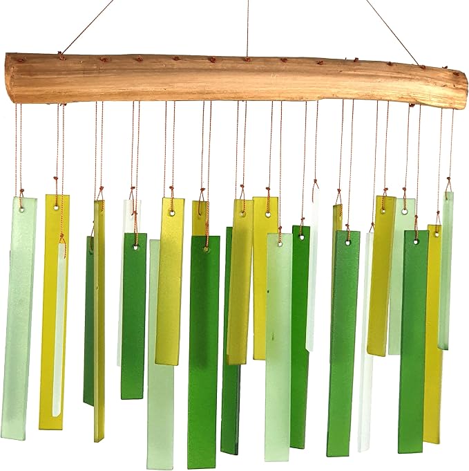Spring Colors Glass Driftwood Wind Chime, Green Garden Decor, 11 Inch | Spring Green Glass; Driftwood Accent; Garden Patio Decor; Handcrafted Wind Chime
