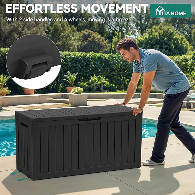 YITAHOME 72 Gallon Outdoor Storage Box w/Wheels | Resin Deck Box Indoor & Outdoor Patio Storage Box for Throw Pillows, Athletic Gear(Black)
