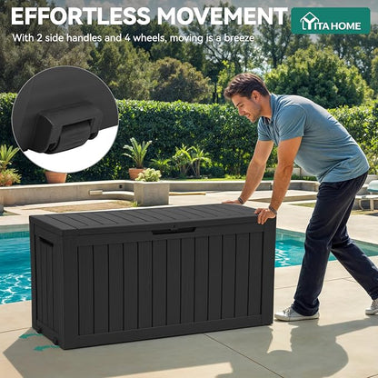YITAHOME 72 Gallon Outdoor Storage Box w/Wheels | Resin Deck Box Indoor & Outdoor Patio Storage Box for Throw Pillows, Athletic Gear(Black)
