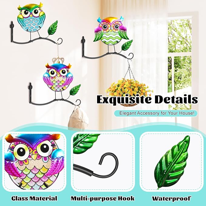 Metal Birds Wall Art Decor with Hanging Hooks, 3D Colorful Bird Outdoor Hanging Wall Art Patio Fence Decorations, Plant Bracket for Planters Wind Chimes Lanterns Garden Patio Decor (Owl)