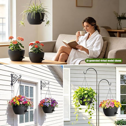 8 Inch Self Watering Hanging Planters Set of 3 with Saucers | Set of 3 8-inch self-watering hanging planters with side-fill watering ports, chain hangers & snap-on saucers