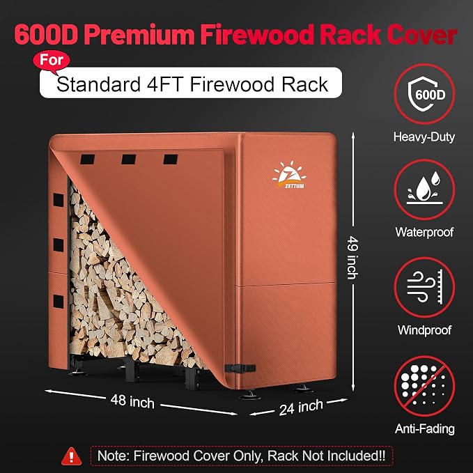 Zettum Firewood Rack Cover 4 Feet - 600D Wood Rack Cover Waterproof Heavy Duty, 4 Foot Outdoor Log Pile Holder Covers Storage for 4FT Standard Fire Wood Rack Stands (48 x 24 x 49 Inch)